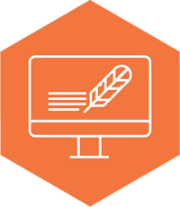 Orange hexagon with computer and feather