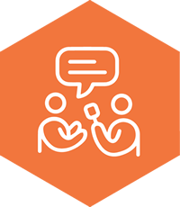 Orange hexagon with two people communicating
